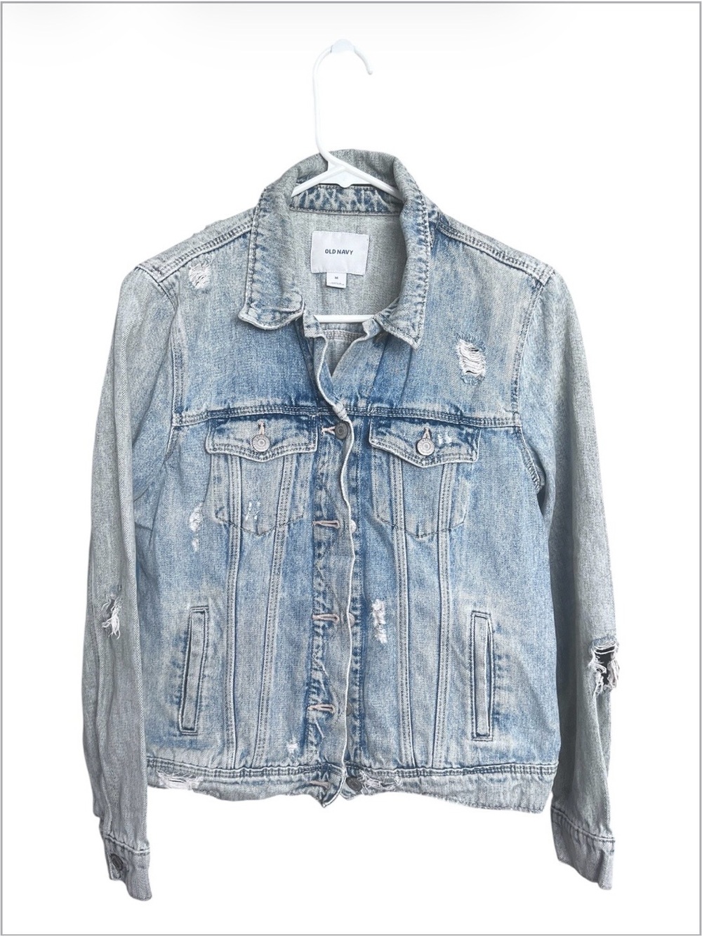 Old Navy Distressed Button Up Classic Denim Jacket Lightweight Holes Blue SZ M